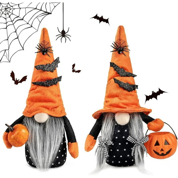 D-FantiX Gnomes Plush Decor, 2 Pack Handmade Tomte Swedish Gnome Nisse Scandinavian Gnomes Ornaments with Orange Witch Hat Pumpkin Lantern Table Decorations Gifts