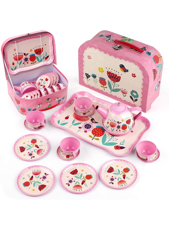 D-FantiX Kids Tea Set for Little Girls, 15Pcs Pink Tin Tea Party Set for Toddlers, Afternoon Tea Time Pretend Playset with Metal Teapots Tea Cups Play Dishes Princess Toys Gifts with Storage Case