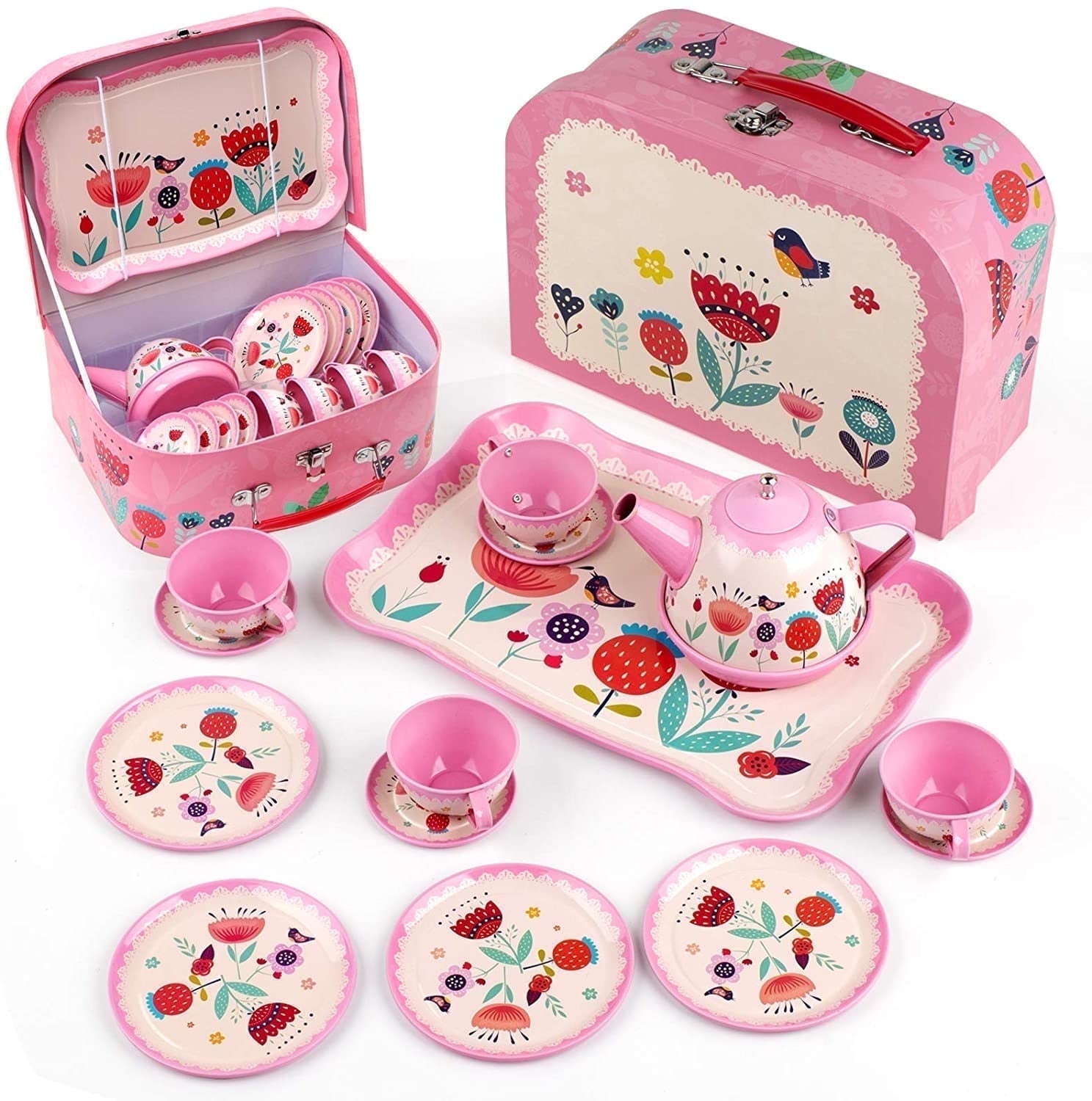 D-FantiX Kids Tea Set for Little Girls, 15Pcs Pink Tin Tea Party , Afternoon Tea Time Pretend Toy with Metal Teapots Tea Cups Play Dishes Princess Toys Gifts with Storage Case