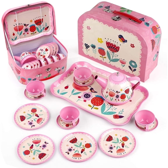 D-FantiX Princess Tea Set for Girls 3-8 Years Old, Cups Pretend Play Kitchen Toy & Metal Teapot with Storage Case, Princess Toys for Girl 3 4 5 6 Years, Birthday Gift