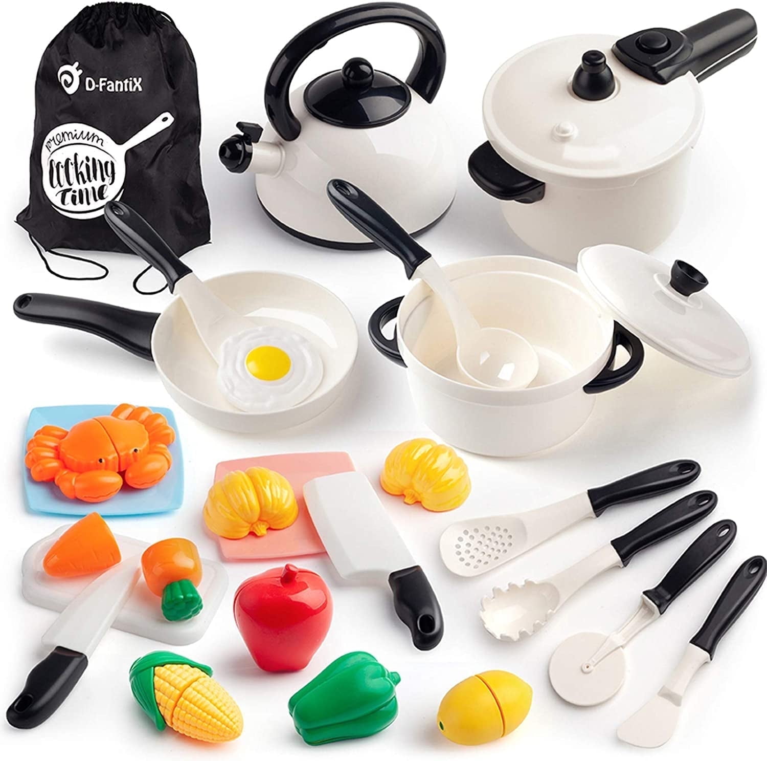D-FantiX Kitchen Play Food Set for Kids, Play Cooking Pretend Toys, Kitchen Pots and Pans Set for Kids, Utensils & Cutting Food Toys for Girls and Boys