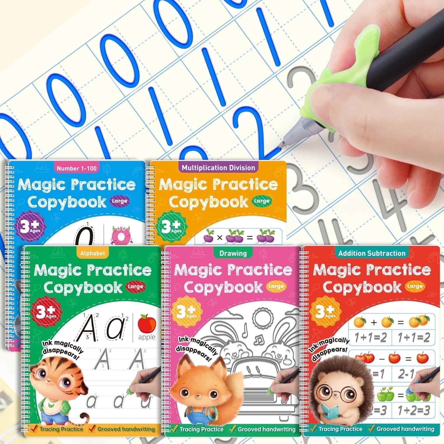 D-FantiX Magic Grooved Practice Copybook, 5-Pack Reusable Handwriting Workbook Set with Pens, Calligraphy Tool for Kids, Preschool Supplies