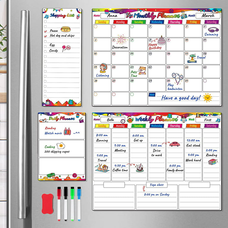 Magnetic Dry Erase Whiteboard Calendar for Fridge Set of 3 - Includes: Monthly, Weekly & Daily Calendar Whiteboard, Grocery List, 5 Markers & Eraser