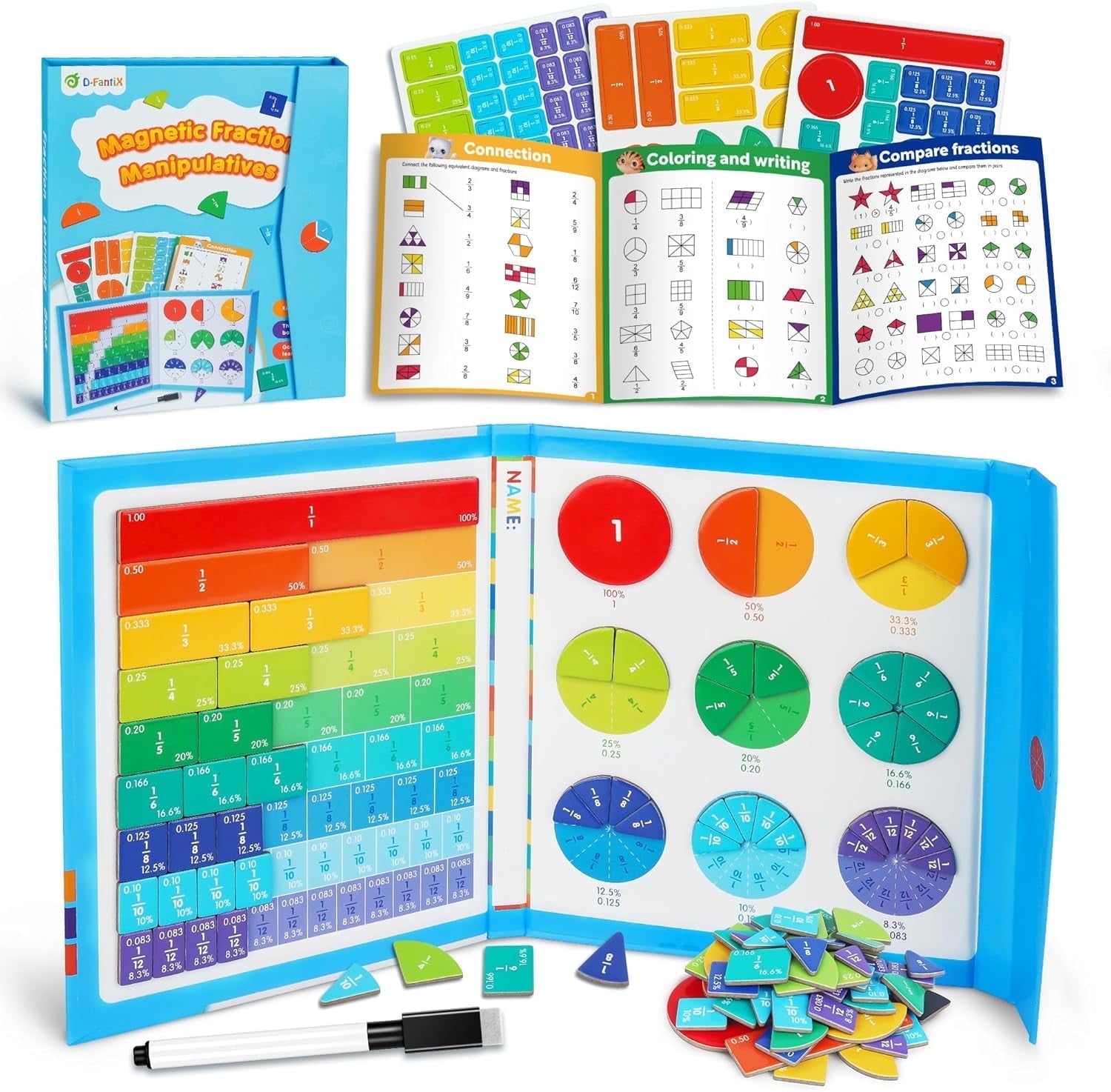 D-FantiX Magnetic Fraction Educational Puzzle, Fraction Tiles & Circles Set, Math Manipulatives, Montessori Fraction Learning Tools