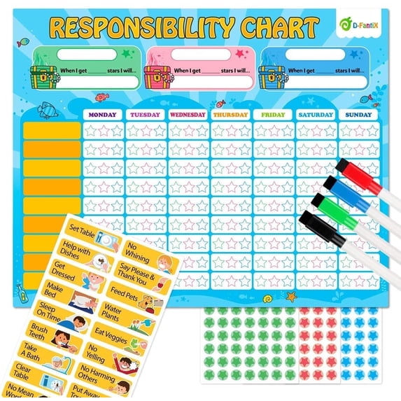 D-FantiX Magnetic Responsibility & Chore Chart – Dry Erasable Reward Chart for Multiple Kids, Includes 20 Behavior Magnets & 3 Sheets of 30 Star Magnets