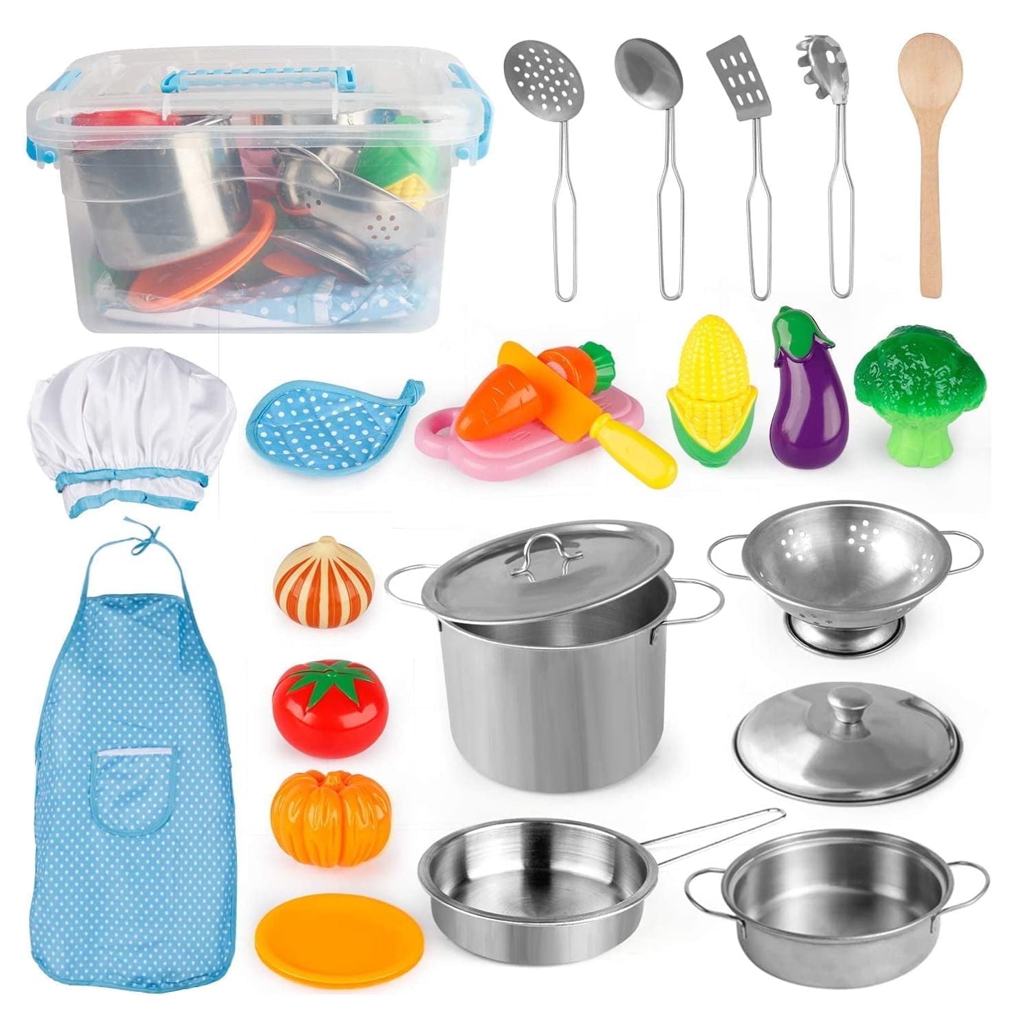 D-FantiX Play Food Set for Kids Kitchen, Kid Kitchen Play Pretend Toys with Pot and Pan, Play Kitchen Accessories with Cookware Utensils, Apron and Chef Hat, Cutting Food for Toddler Boys Girls