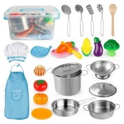 D-FantiX Play Kitchen Accessories, Kids Play Pots and Pans Playset with Mini Stainless Steel Pretend Play Cooking Toys, Cookware Utensils, Apron and Chef Hat, Cutting Food for Toddler Boys Girls