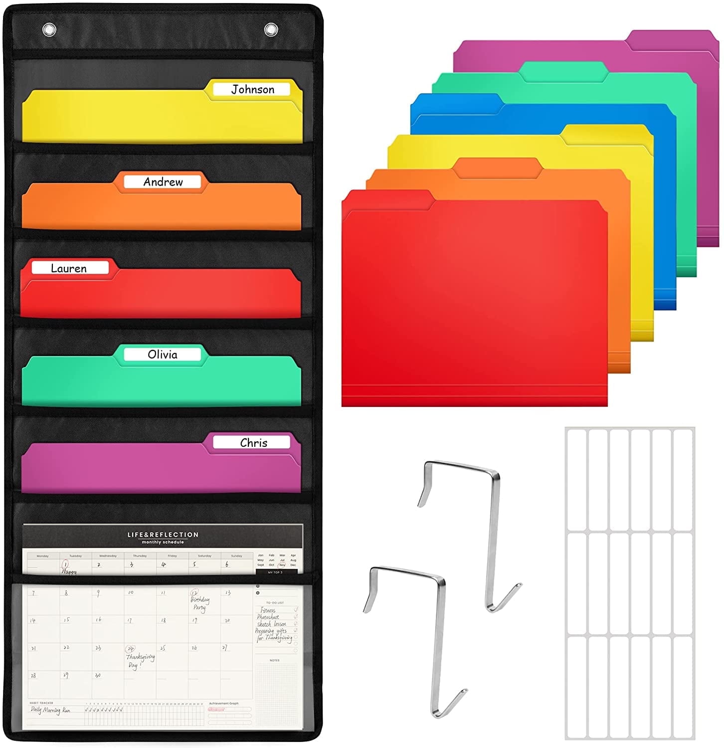 D-FantiX Wall Hanging File Organizer with 6 Folder, Storage Pocket Chart with 6 Name Tag, Classroom Must Have Paper Organizer for Teacher, Over The Door File Organizer for School Mailbox Home Office