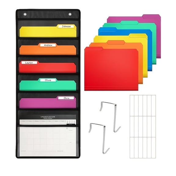 D-FantiX Wall Hanging File Organizer with 6 Folders & Name Tags - Over-The-Door/Door-Mounted Paper Organizer for Classroom, Home, Office - Space-Saving File Folder System for Teachers & Students
