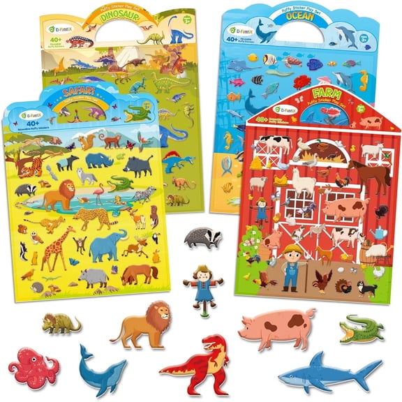 D-FantiX 3D Puffy Stickers for Kids, Reusable Sticker Books, Farm Dinosaur Ocean Safari, Car Road Trip Activities, Airplane Travel Toys, Birthday Gifts for Boys Girls