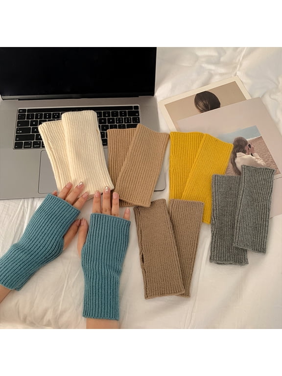 1 Pair Fingerless Gloves for Women Thumb Hole Half Finger Gloves Winter Stretchy Woolen Yarn Knit Fingerless Mittens