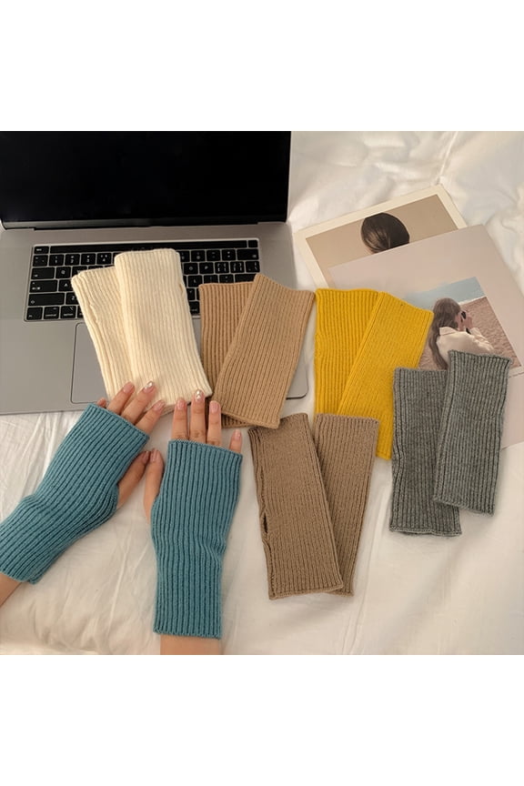 1 Pair Fingerless Gloves for Women Thumb Hole Half Finger Gloves Winter Stretchy Woolen Yarn Knit Fingerless Mittens
