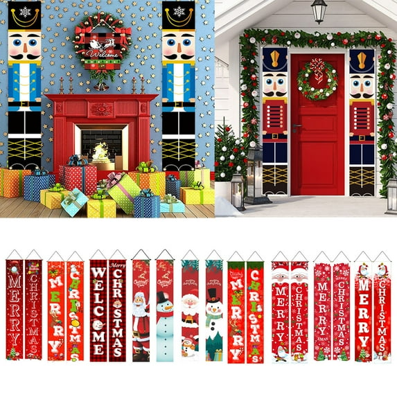 D-GROEE 1 Pair Nutcracker Christmas Porch Banner Decorations, Christmas Porch Sign Xman Hanging Banner for Wall Front Outside Door Indoor Yard Home Holiday Party Porch Garden Decor