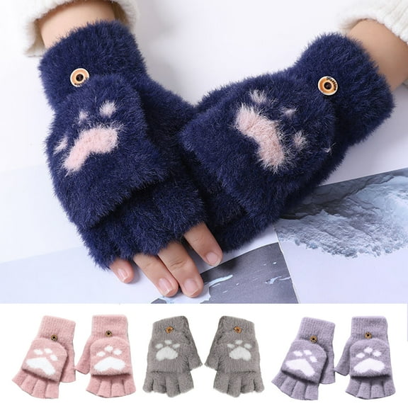 D-GROEE 1 Pair Plush Flip Cover Cartoon Cat Claw Mittens Winter Warm Fingerless Gloves Soft Half Finger Mittens Gloves for Women Girls