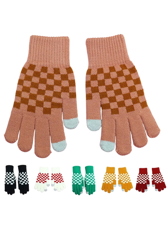 1 Pair Winter Checkerboard Pattern Gloves Adult Full Fingers Gloves Warm Stretchy Gloves for Men, Women or Teens