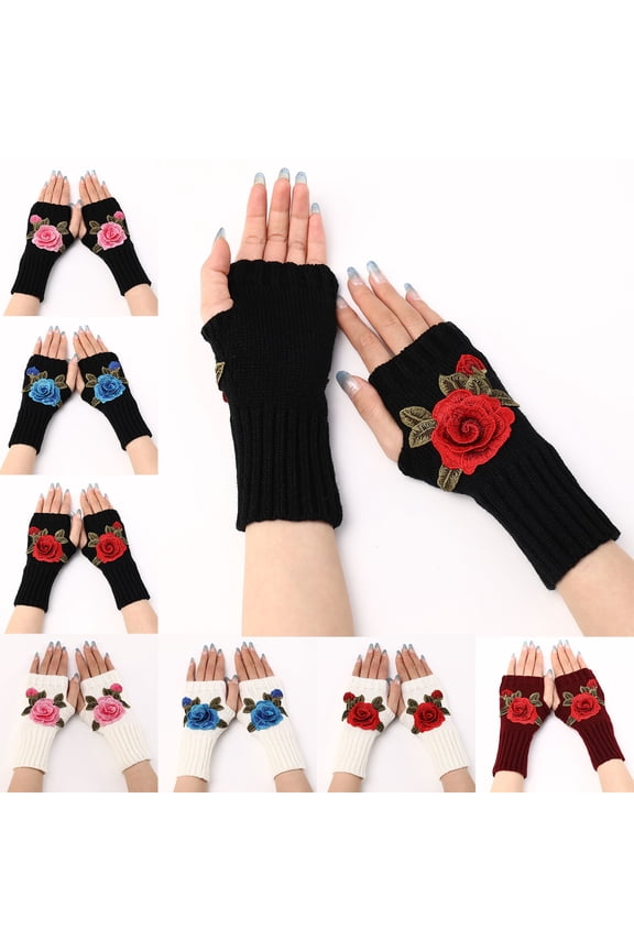 1 Pair Women's Wrist Arm Warmers Stretchy Cable Knitted Fingerless Gloves with Flower Embroidery