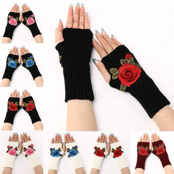 D-GROEE 1 Pair Women's Wrist Arm Warmers Stretchy Cable Knitted Fingerless Gloves with Flower Embroidery