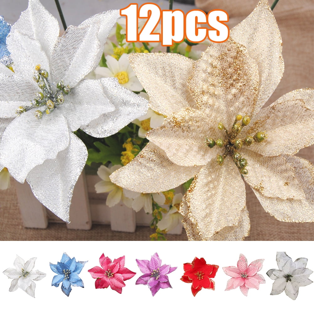 DGROEE 12Pcs Christmas Glitter Poinsettia Flowers Artificial Xmas