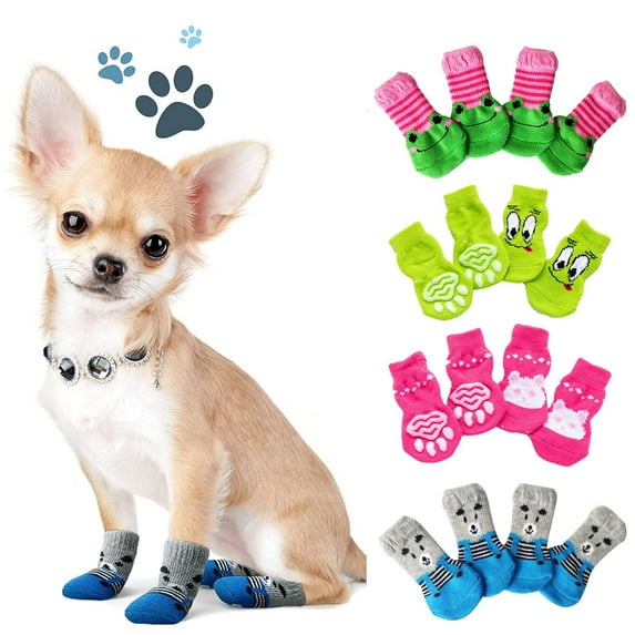 D-GROEE 16Pcs Pet Cotton Anti-Slip Dog Socks%26Cat Socks with Rubber Reinforcement, Anti-Slip Knit Dog Paw Protector%26Cat Paw Protector for Indoor Wear