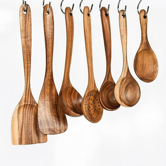 D-GROEE 1PC Wooden Cooking Utensils Kitchen Utensil,Natural Teak Wood Kitchen Utensils Tool- Nonstick Hard Wooden Spatula and Wooden Spoons