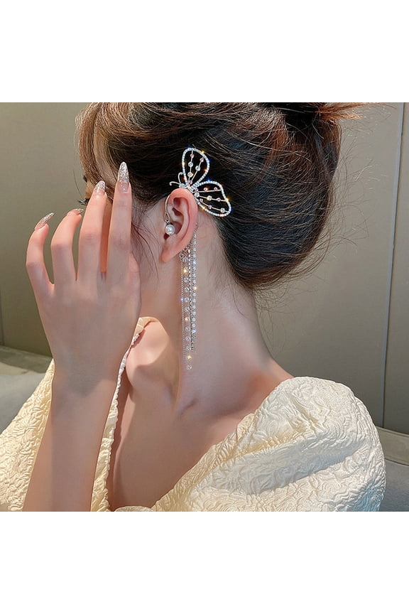 1Pc Faux Pearl Decor Non-Pierced Long Ear Cuff Women Elegant Rhinestone Butterflies Shape Tassel Earring Jewelry Accessories