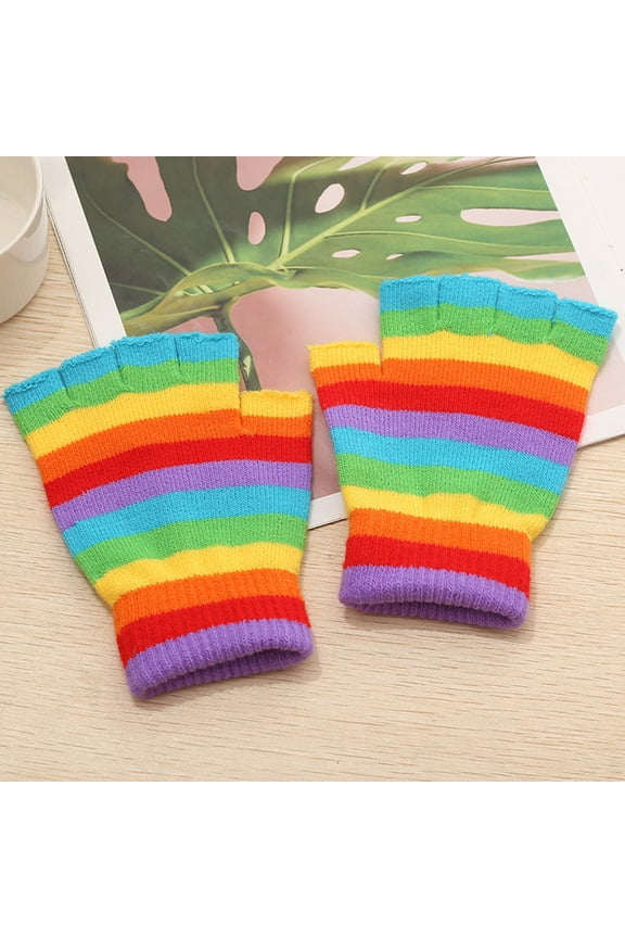 2 Pairs Warm Stretchy Knit Fingerless Gloves for Women and Men, Colorful Rainbow Stripe Pattem Writing Gaming Gloves for Christmas
