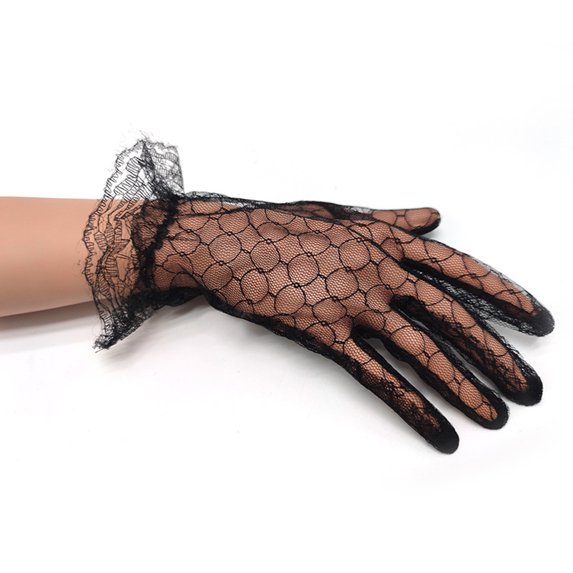 D-GROEE 2 Pairs Women Party Lace Elegant with Wrist Ruffle Bridal Wedding Gloves Solid Color See-through Lace Wedding Gloves