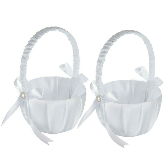 D-GROEE 2 Pcs Bowknot Pearl Flower Girl Basket Flowers Romantic Design Wedding Flower Baskets