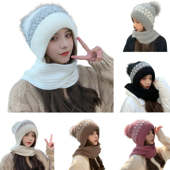 D-GROEE 2 in 1 Knit Scarf Beanie Set Winter Stripes Cap Warm Knitted Hat Scarf Set Windproof Hats for Women