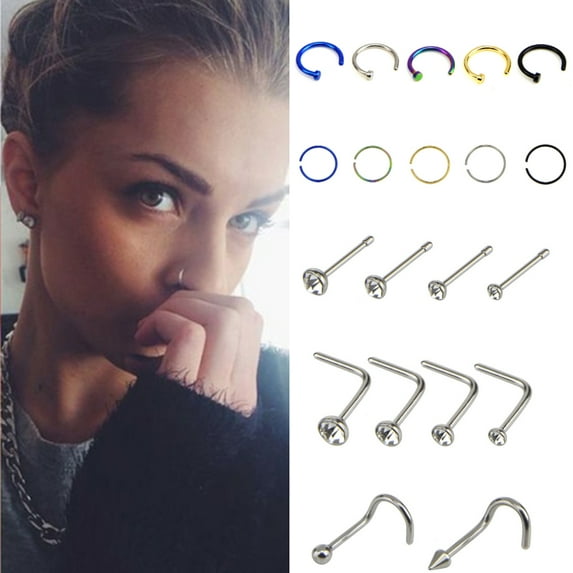 D-GROEE 22Pcs/Set Nose Rings Hoop Stainless Steel Nose Rings Studs Bone Mix Shape Nose Stud Screw Tragus Cartilage Helix Earrings Hoop Nose Rings Piercing Jewelry for Women