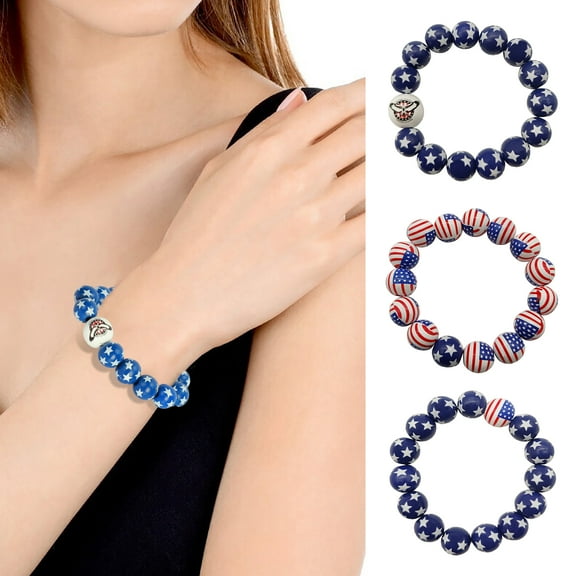 D-GROEE 2PCS American Flag Independence Day Themed Bracelets for Men Women Wood Beaded Bracelet Unisex