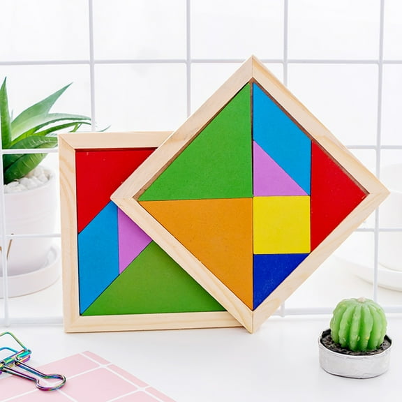 D-GROEE 2PCS Wooden Puzzle Blocks Geometric Tangram Brain Teasers Jigsaw 3D Logic IQ Game Colorful Shape Pattern Educational Toys Gift for All Ages