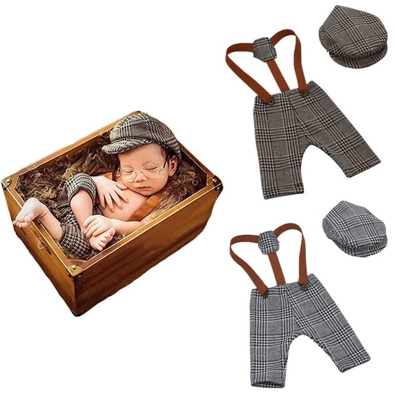 D-GROEE 2Pcs Newborn Baby Retro Photography Props Boy Photo Shoot Outfits Infant Gentleman Lattice Hat Rompers Suit