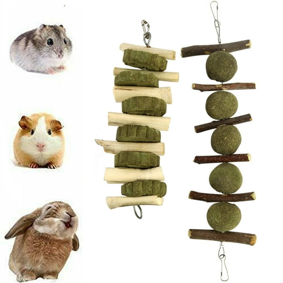 D-GROEE 2Pcs/Set Bunny Chew Toys For Teeth, Natural Organic Apple Chewing Sticks With Grass Balls for Rabbits Chinchillas Guinea Pigs Hamsters