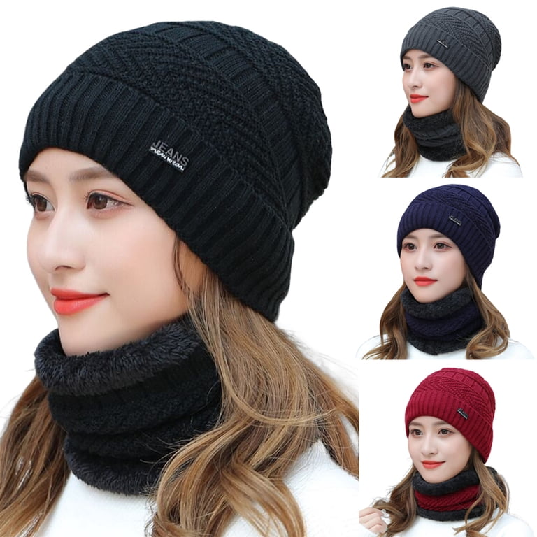 D-GROEE 2Pcs/Set Winter Beanie Hat Scarf Set Plush Lined  display picture 2