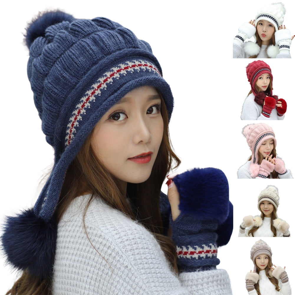 D GROEE 2Pcs Set Winter Hats for Women Women Winter Beanie Hat Plush Fingerless Gloves Women Knitted Hat Mittens Set Walmart