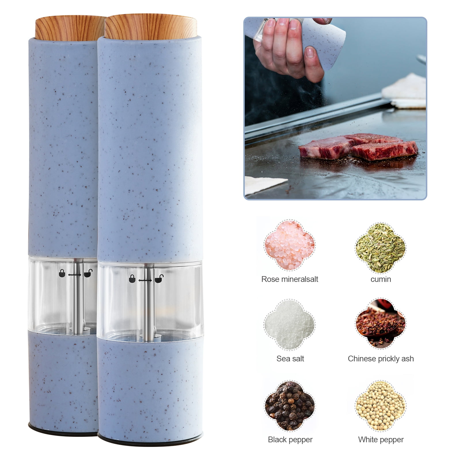 D-GROEE 2Pcs ZX-D39 Electric Pepper Grinder Automatic Adjustable Coarseness Seasoning Spice Mill with LED for Pepper Salt Cumin
