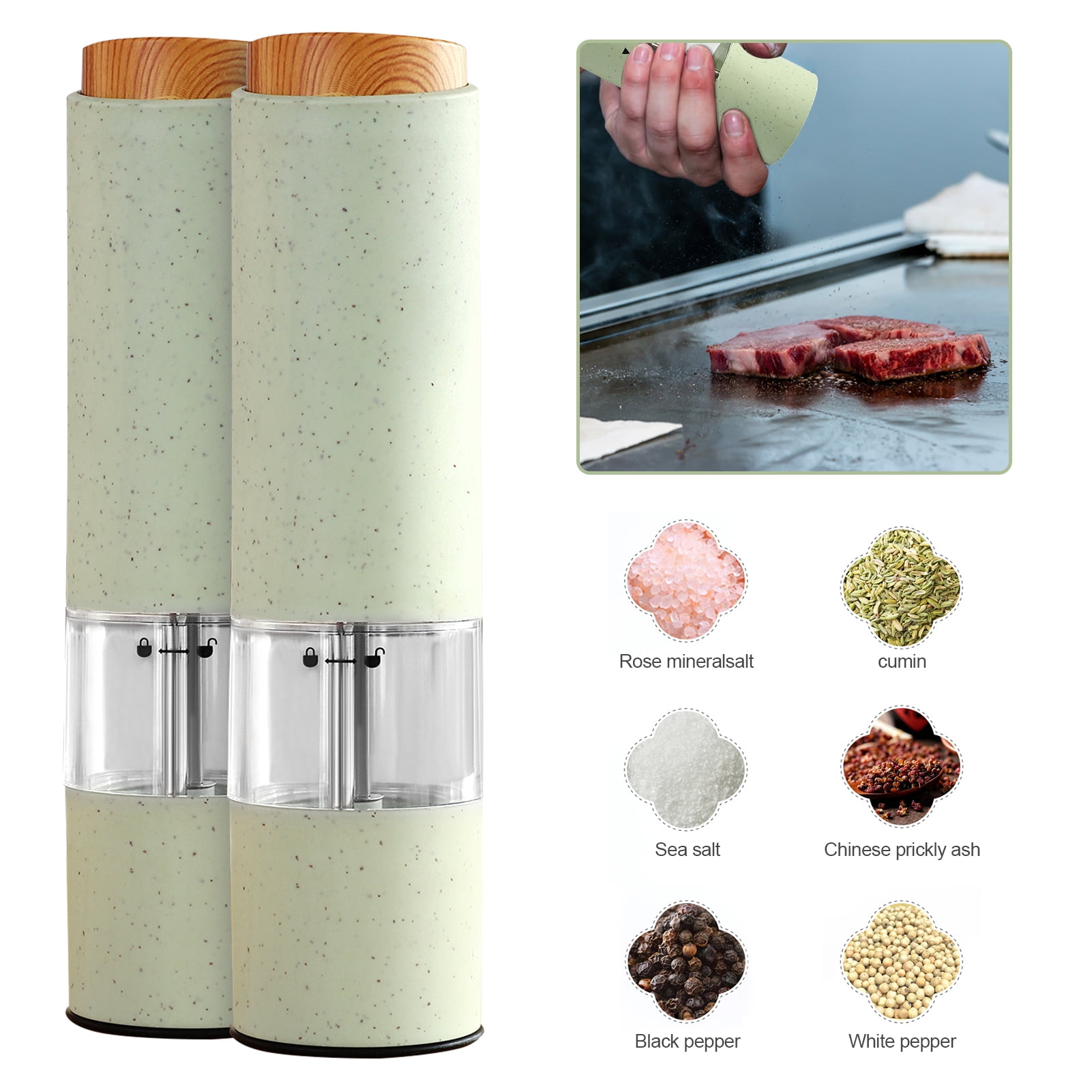 D-GROEE 2Pcs ZX-D39 Electric Pepper Grinder Automatic Adjustable Coarseness Seasoning Spice Mill with LED for Pepper Salt Cumin