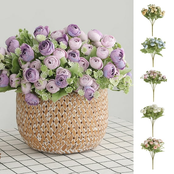 D-GROEE 3 Branch 15 Heads Artificial Faux Silk Flowers Bouquet Mini Rose Wedding Home Office Decor