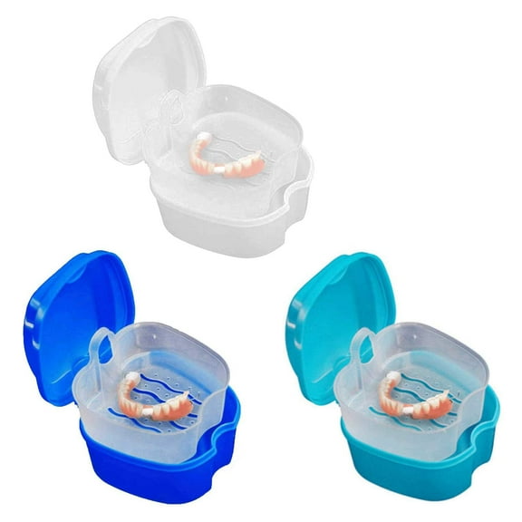 D-GROEE 3Pcs Denture Bath Case Cup Box Holder Storage Soak Container with Strainer Basket for Travel Cleaning