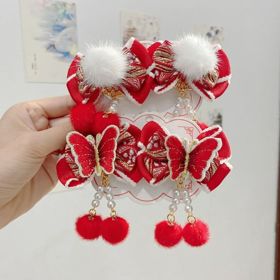D-GROEE 4Pcs Fluffy Pompom Hair Clip Bowknot Hair Clip with Soft Fuzzy Pompoms Tassels Chinese Style Hair Accessory for Women Girls Kids Festive Spring Festival