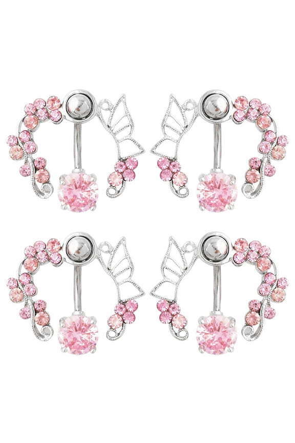 4Pcs Surgical Steel Clear Rhinestone Butterfly Belly Barbell Button Eyebrow Bar Ring Barbell Body Piercing