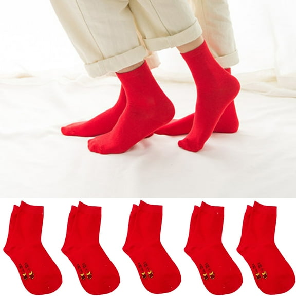 D-GROEE 5Pairs Animal Year Red Socks Attractive Bright Color Acrylic Fiber Breathable Middle Socks for Families
