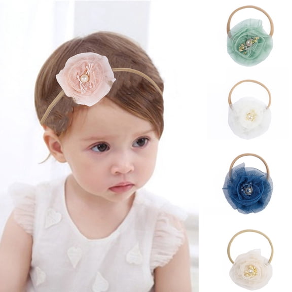 D-GROEE 5Pcs Faux Pearl Flower Hair Bows Fabric Flowers Baby Headbands Floral Bow Elastic Stretchy Nylon Hair Bands Accessories for Baby Girls Newborns Infants Toddlers Kids Teens