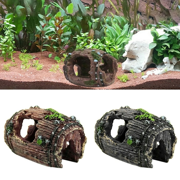 D-GROEE Aquarium Decoration, Hollow Wood Bucket, Artificial Resin Barrel for Fish Tank Ornament, Betta Fish/Small/Tinny Fish Hideouts Wood House