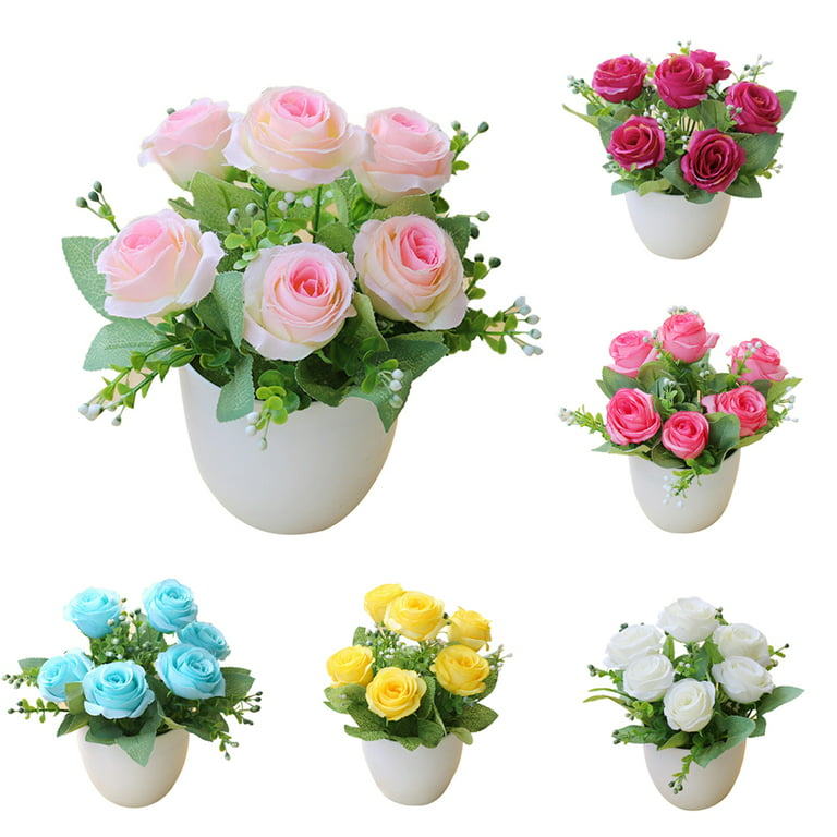 D-groee Artificial Flowers with Small Plastic Vase Artificial Roses Fake Plants Flower Arrangements Decorations for Home, Red