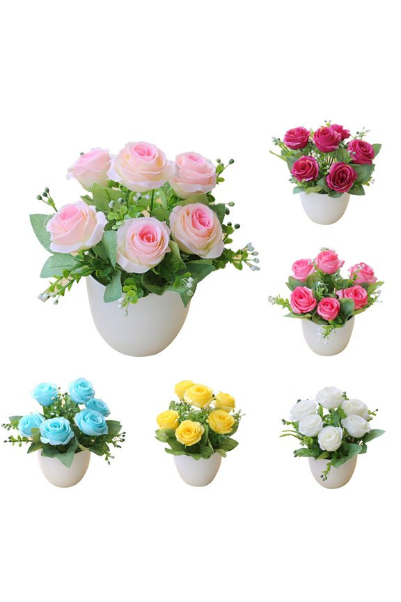 Artificial Flowers with Small Plastic Vase Artificial Roses Fake Plants Flower Arrangements Decorations for Home