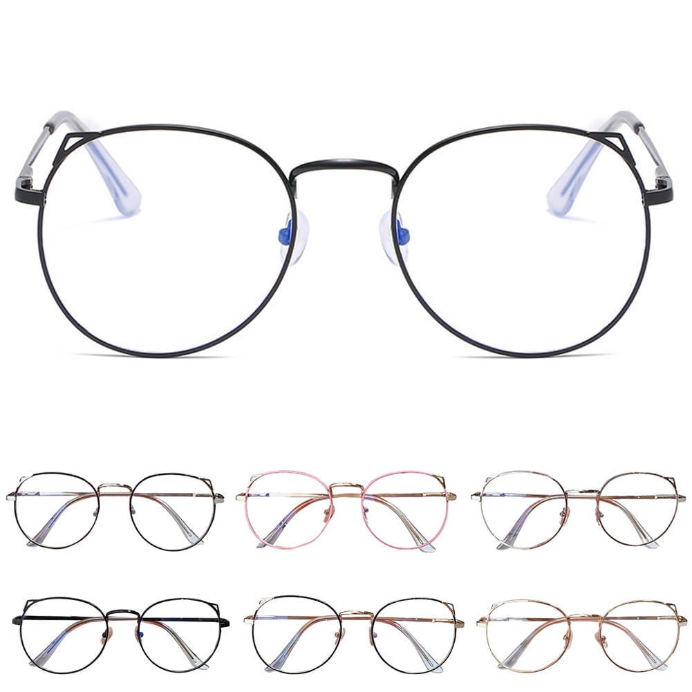 D-GROEE Blue Light Glasses Men Women, Cat Ears Round Metal Frame Clear