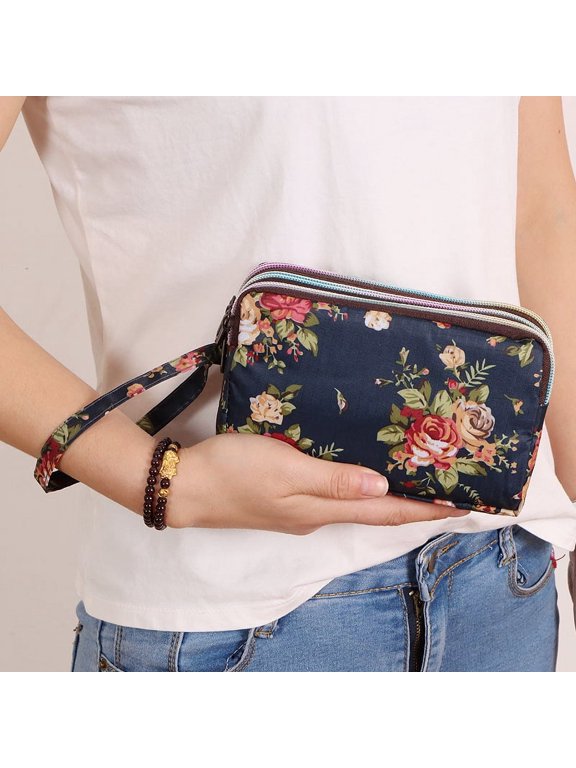 3 Zippered Canvas Coin Purse, Triple Capacity Change Pouch, Floral Printing Travel Wallet with Wrist Strap for Women