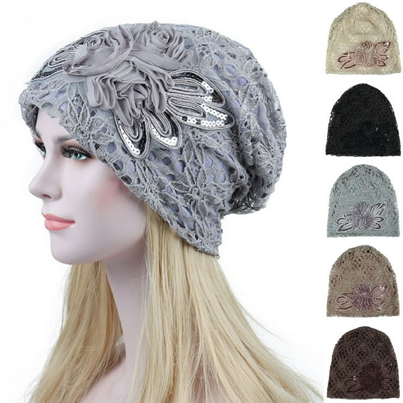 D-GROEE Double Layer Hollow Out Sequins Turban Hats Slouchy Baggy Chemo Cap Beanie Cancer Hat Light Breathable Head Covers for Daily Life